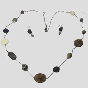 Exotic Stone, Glass and Metal Bead Necklace With Complimenting Earings 37" Long